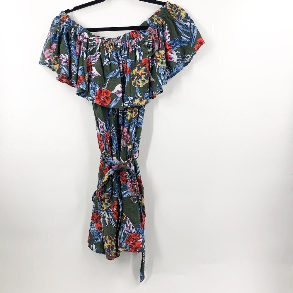 ✅ UMGEE OLIVE GREEN FLORAL PRINT OFF THE SHOULDER ROMPER SIZE LARGE WITH BELT